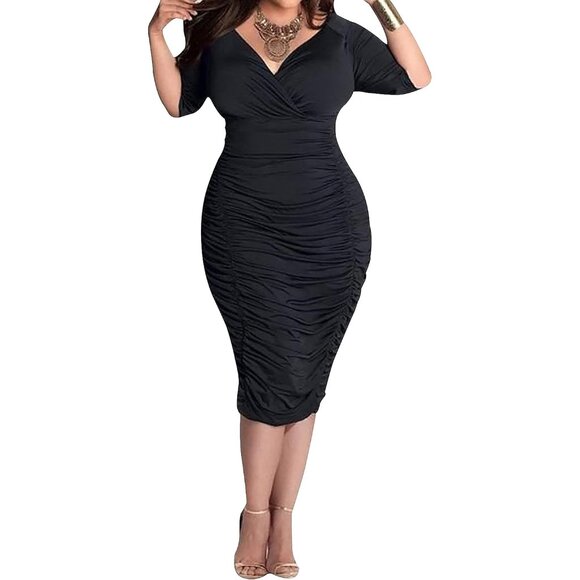 Plus Size Short Sleeve Bodycon Dress V Neck Ruched Wrap Party Midi - Picture 3 of 5